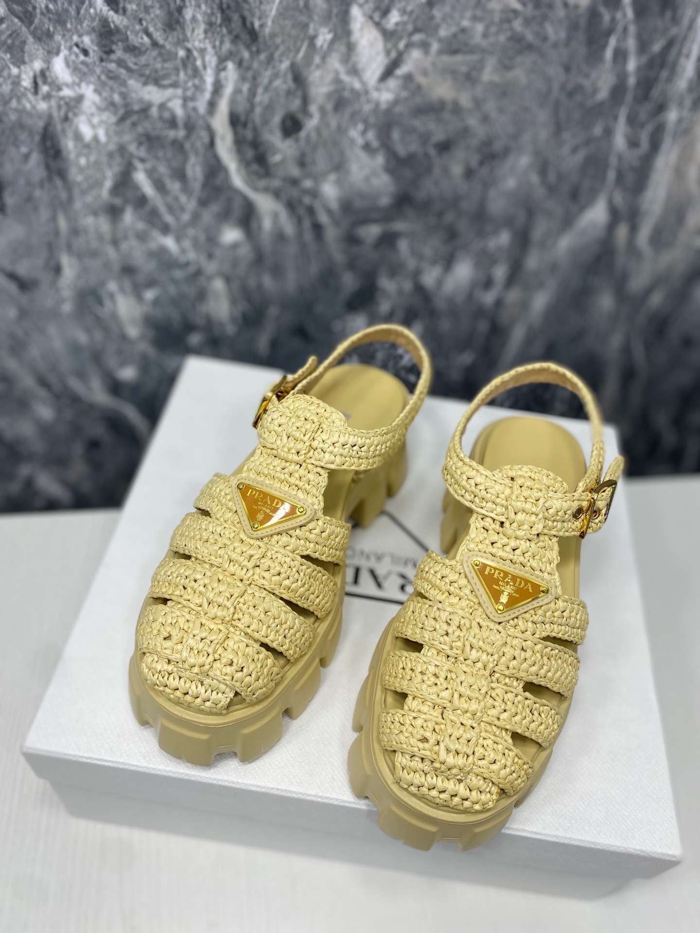 Prada Monolith Crochet Cage Sandals Yellow For Women Temafes