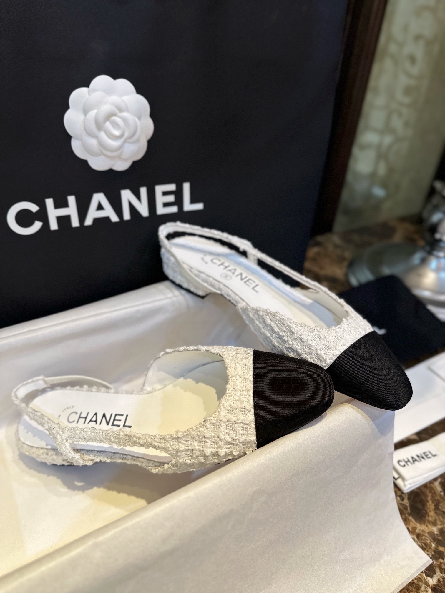CHANEL 25S SLINGBACK FLATS SHOES IN BLACK TWEED